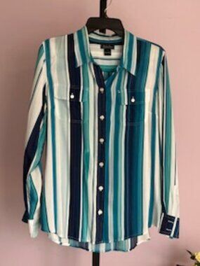 Lucky Brand Blue Multi Stripy Button-down 100% Rayon Blouse, Size L